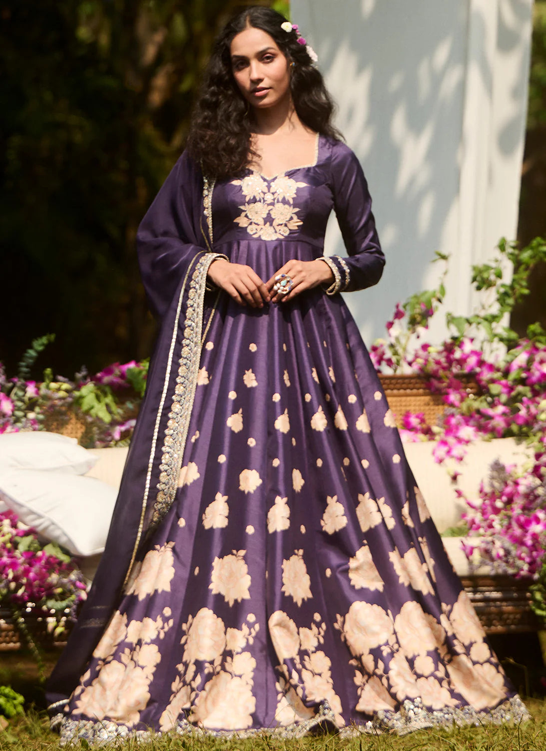Navy Blue Floral Printed Anarkali