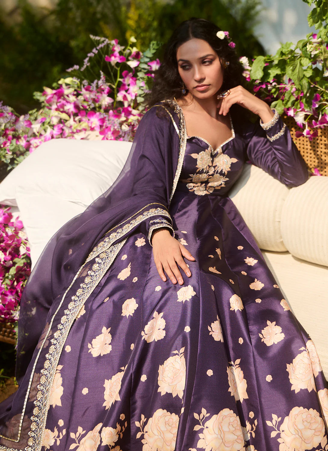 Navy Blue Floral Printed Anarkali