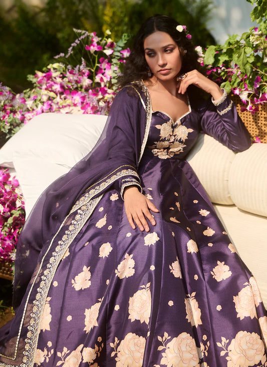 Navy Blue Floral Printed Anarkali