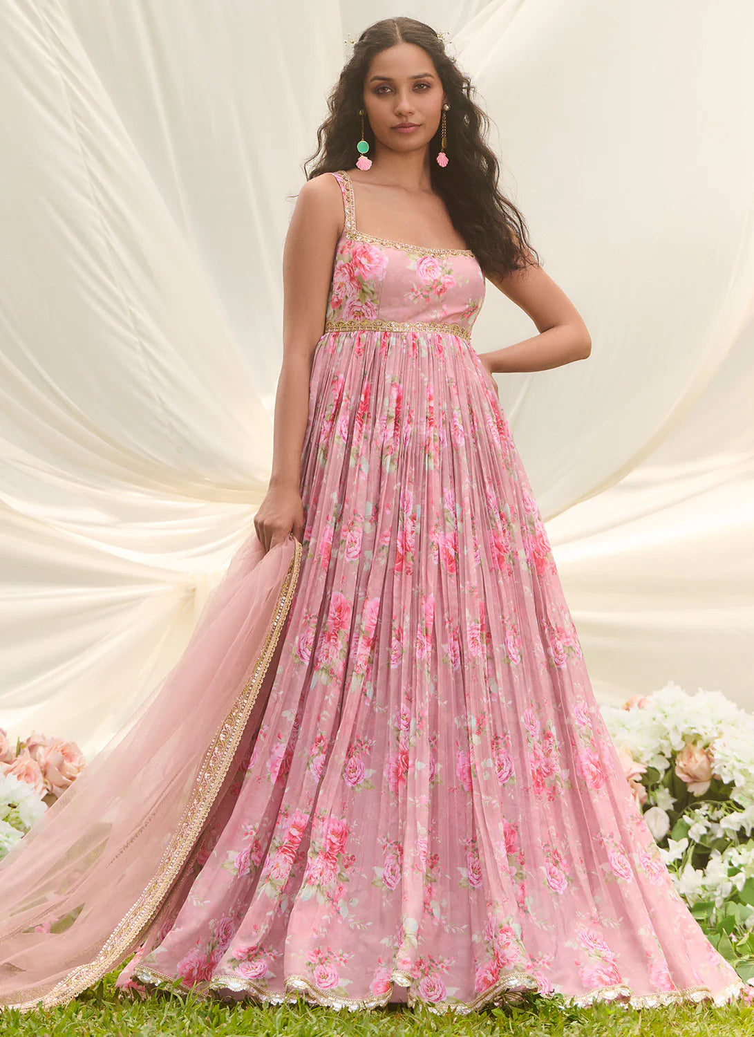 Dusty Pink Multicolor Floral Printed Anarkali