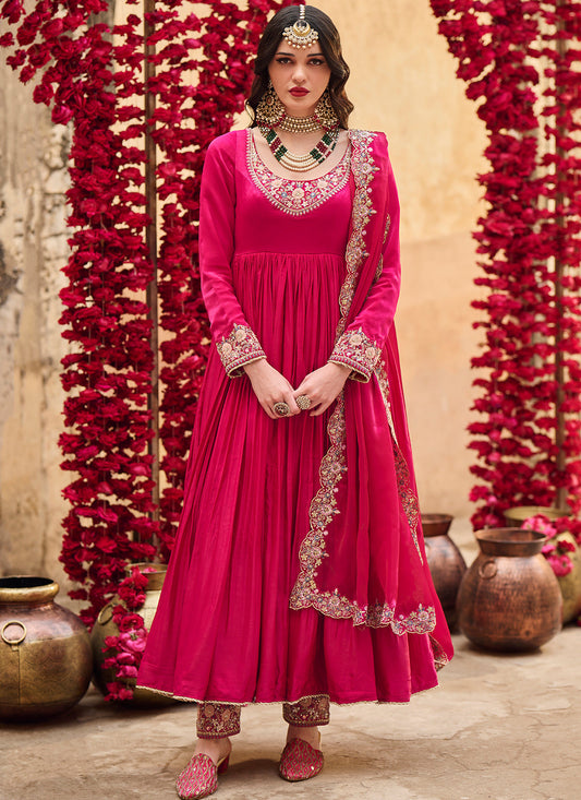 Hot Pink Embroidered Satin Anarkali
