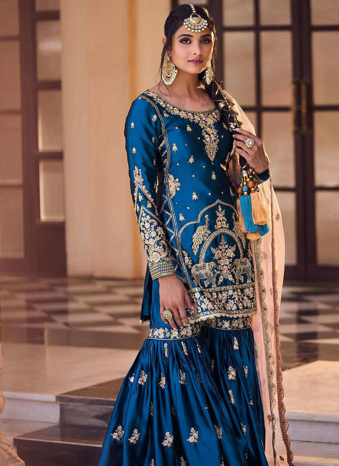 Teal and Peach Embroidered Gharara Suit