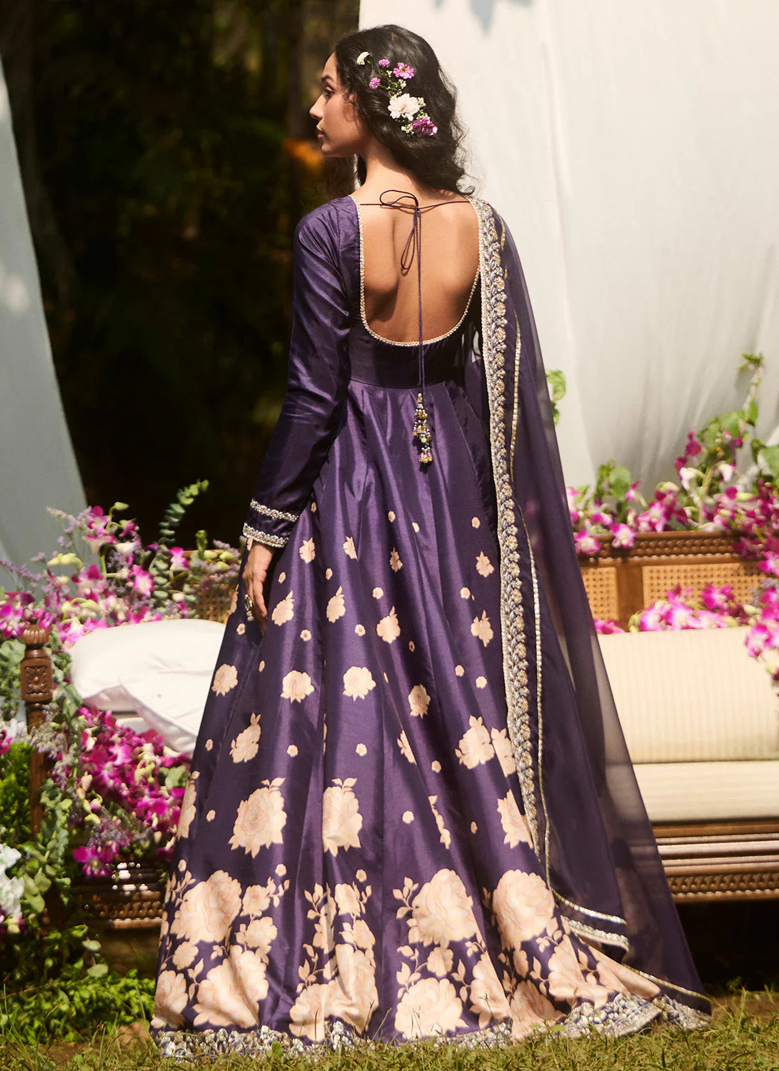 Navy Blue Floral Printed Anarkali